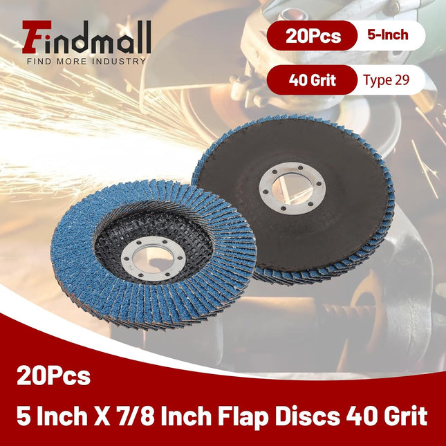 Findmall 20Pcs 5 Inch X 7/8 Inch Flap Discs 40 Grit Type 29 | Zirconium Oxide Abrasive，for Metal Grinding, Weld and Rust Polish