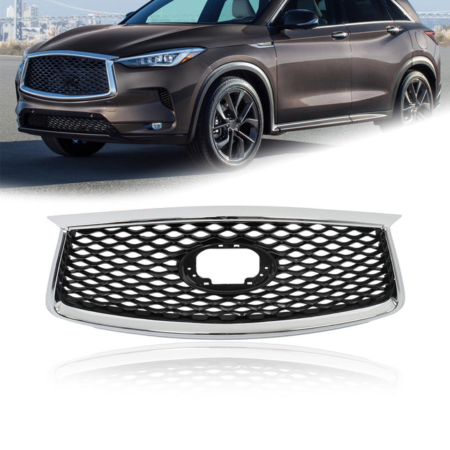 Findmall Black and Chrome Honeycomb Mesh Front Upper Grille with Camera Hole Replacement for QX50 2019-2023