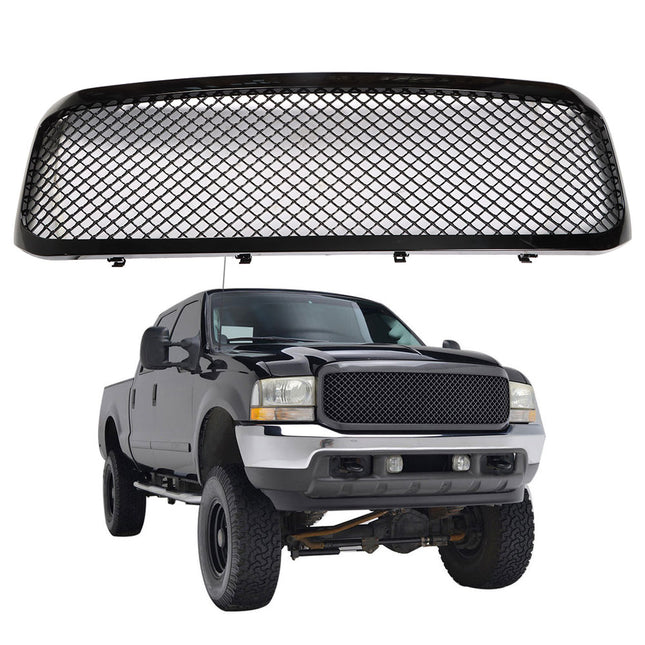 Findmall Glossy Black Badgeless Diamond Mesh Front Grille Replacement for F-250 and F-350 1999-2004 / Excursion 2000-2004 1C3Z8200BAA