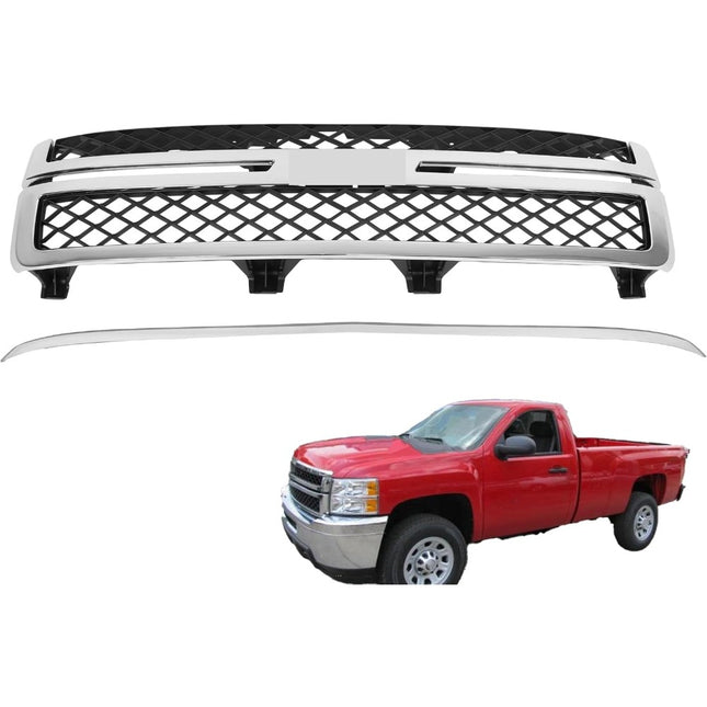 Findmall 3-Piece Chrome Front Bumper Grille and Hood Molding Trim Kit Replacement for Silverado 2500HD and 3500HD 2011-2014 20966058 20963700