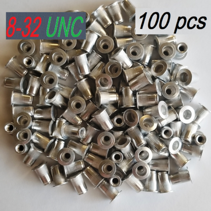 findmall 100Pcs Rivet Nuts Kit 8-32 UNC Aluminum Flat Head Threaded Rivet Nut Insert Nutsert Rivet Nuts Assortment Kit