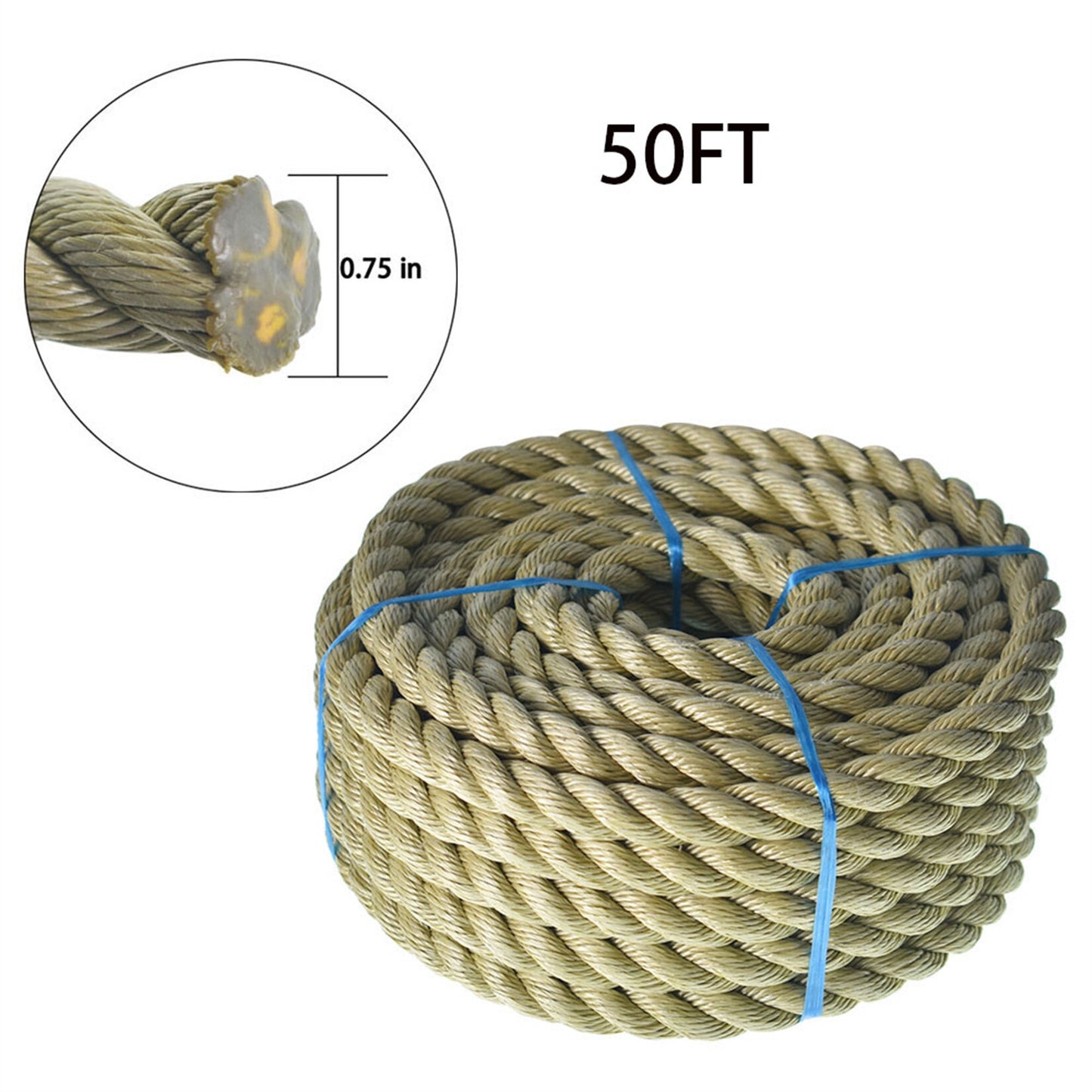 3/4 inch 1 inch Diameter Twisted Manila Rope, Twisted 3 Strand, Polypropylene Rope for Indoor Outdoor Use for Landscaping, Tug of War, Projects and Tie Downs