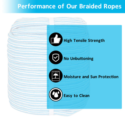 findmall 1/2 Inch 200 Feet 24 Strands Braided Rope Tree Felling Rope High Strength Polyester Rope for Swing Camping Bundling Blue White