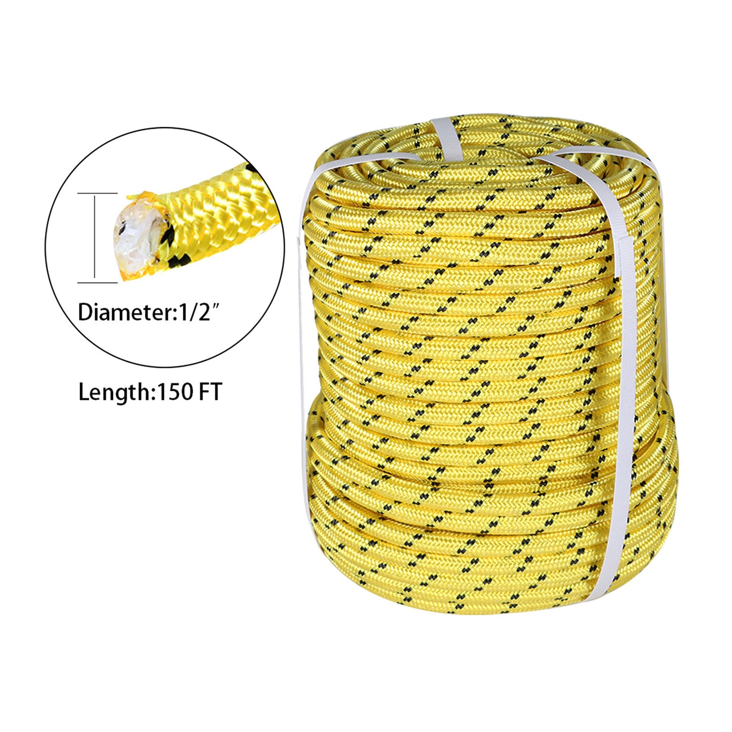 findmall 1/2 Inch Polyester Rope Double Braid Pulling Ropes for Swing Tree Work Yellow 150 Feet