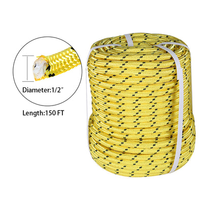 findmall 1/2 Inch Polyester Rope Double Braid Pulling Ropes for Swing Tree Work Yellow 150 Feet