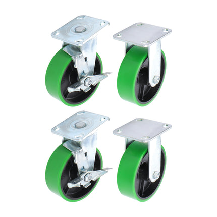 Findmall 4 Pack 6 Inch Heavy Duty Caster Set, 2 Swivel Casters with Total Lock Brake & 2 Rigid Casters, Plate Mount, Polyurethane on Cast Iron Wheels for Carts, Workbenches & Industrial Equipment