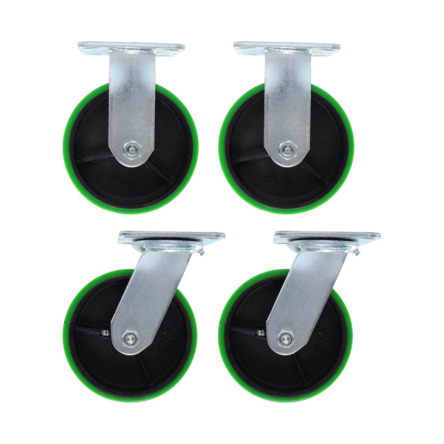 Findmall 4 Pack 6 Inch Heavy Duty Caster Set, 2 Swivel Casters & 2 Rigid Casters, Plate Mount, Polyurethane on Cast Iron Wheels for Carts, Workbenches & Industrial Equipment