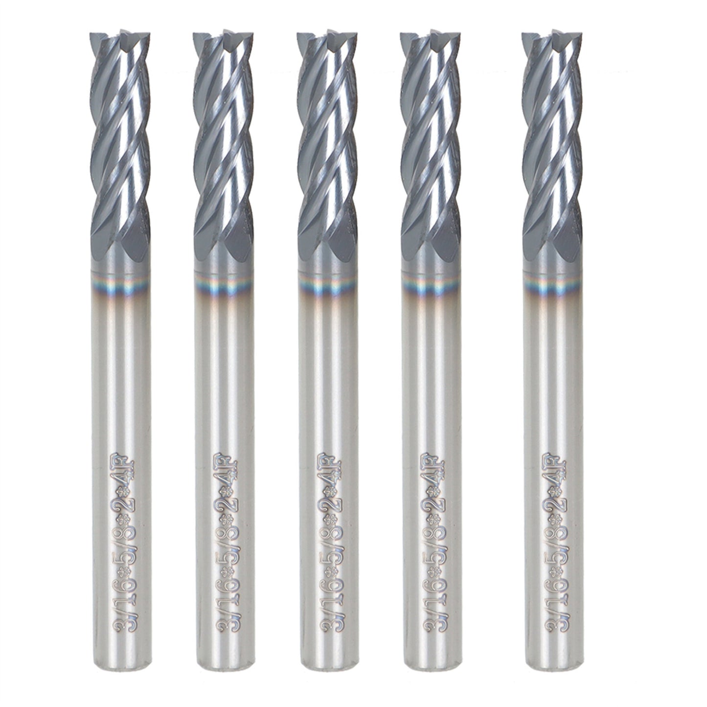 findmall 5Pcs 3/16 Inch Helix Carbide End Mill Tialn Coated 4 Flute 5/8 Inch Length of Cut Fit for Aluminum Cut Non-Ferrous Metal Upcut CNC Spiral Router Bit