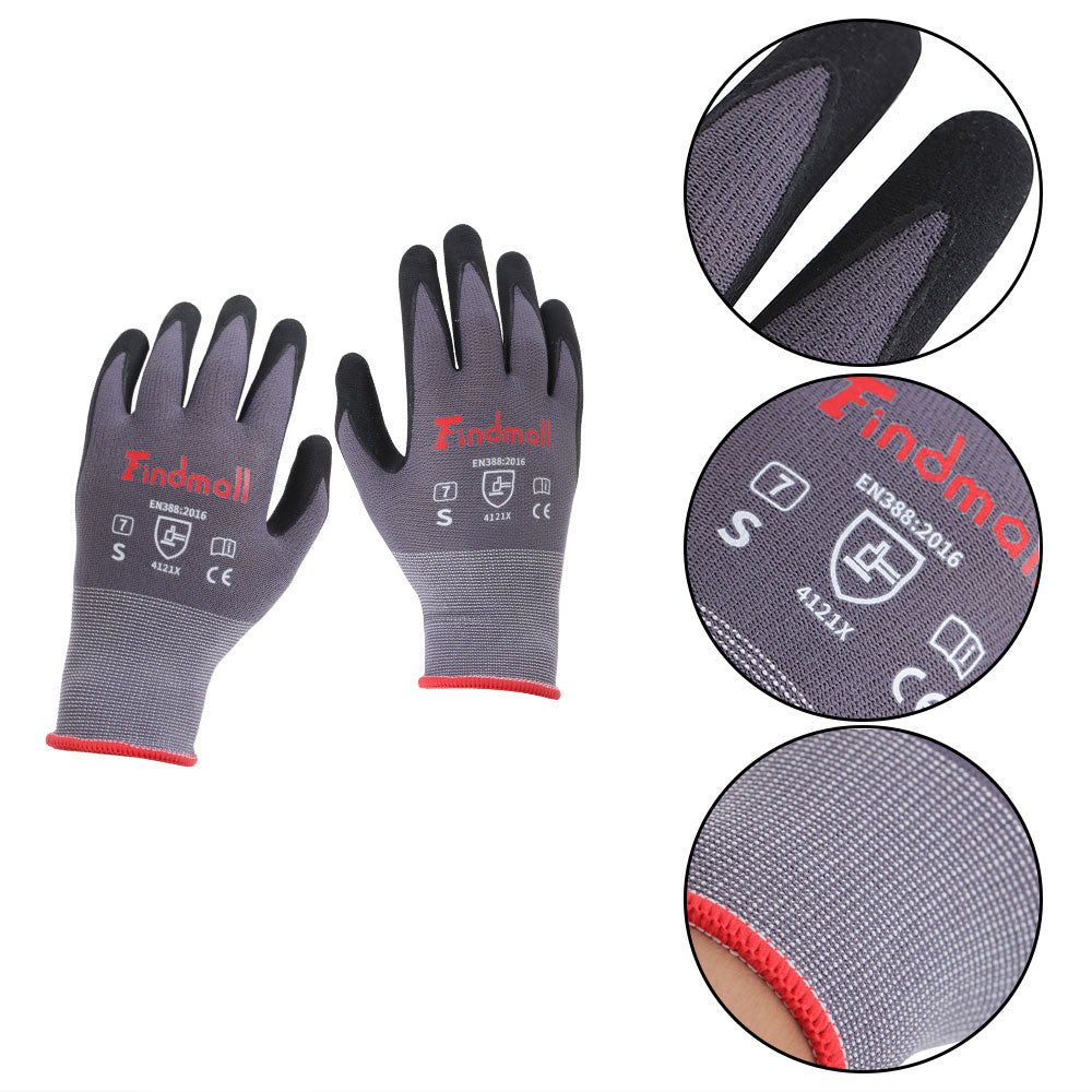 findmall Safety Work Gloves MicroFoam Nitrile Coated Foam Gloves S-Size/3 Pairs