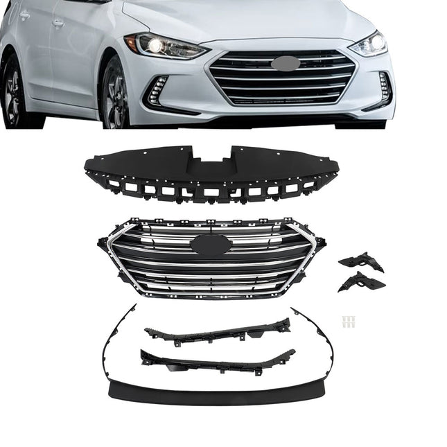 Findmall 7-Piece Black and Chrome Front Grille Radiator Cover and Bumper Bracket Kit Replacement for Elantra 2017-2018 86356F3000 86350F3000