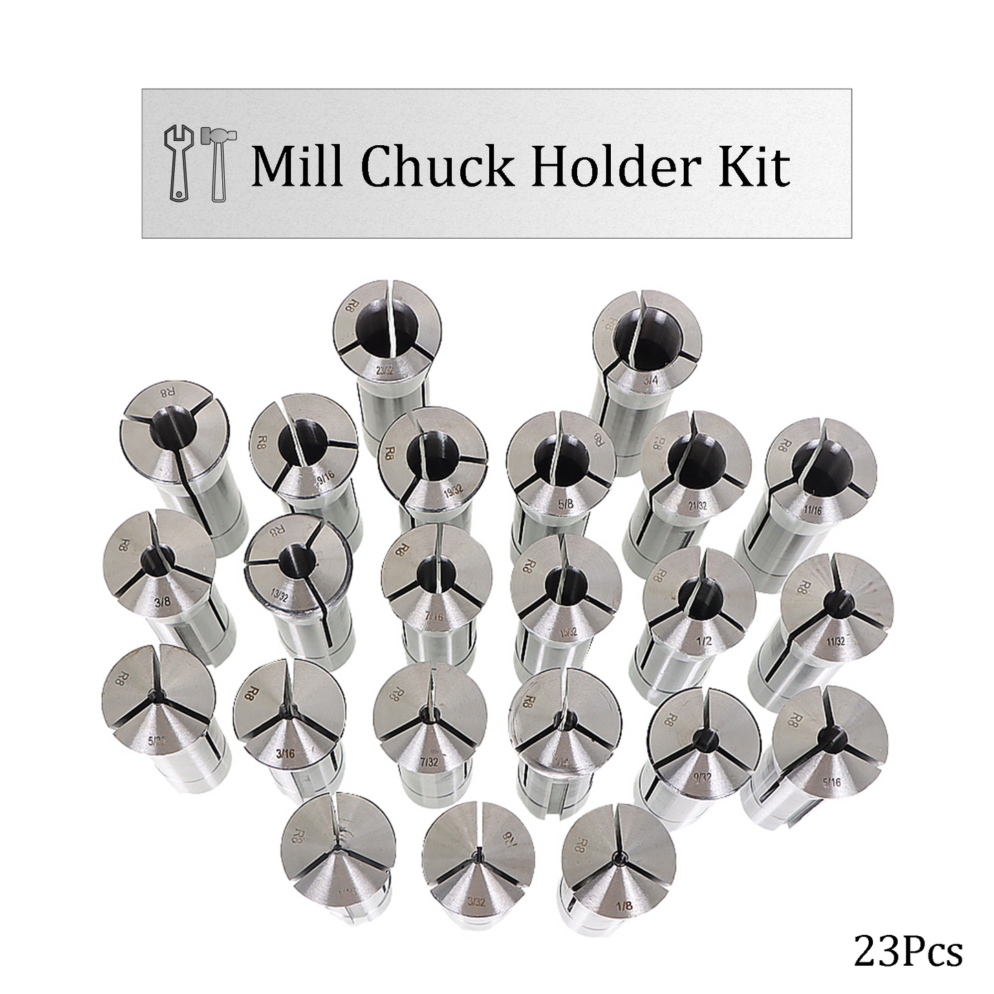 findmall 23Pcs R8 Collet Set 1/16 inch - 3/4 inch Mill Collets Set Steel Mill Chuck Holder Fit for Mill Machine