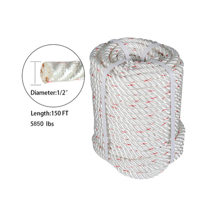 findmall 1/2 In Braid Polyester Rope Bull Rigging High Force Polyester Rope 150 FT White Red