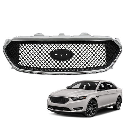 Findmall Front Bumper Hood Grille Upper Matte Black Mesh Style and Chrome Frame Replacement for Taurus SHO 2013 2014 2015 2016 2017 2018
