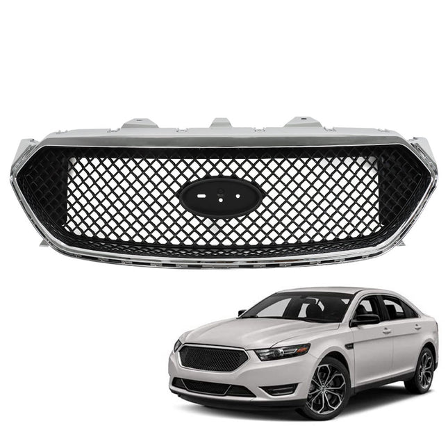 Findmall Matte Black Mesh Front Upper Hood Grille with Chrome Frame Replacement for Taurus SHO 2013-2018