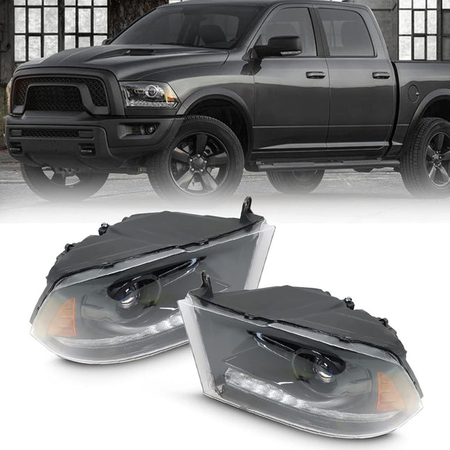 Findmall Black Headlights Replacement for 2013-2018 Ram 1500-3500 w/DRL Projector Headlight Assembly Passenger and Driver Side