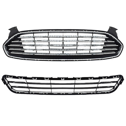 Findmall 2-Piece Black and Chrome Front Upper and Lower Radiator Grille Kit Replacement for Fusion 2013-2016