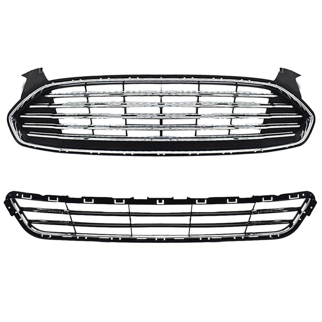Findmall 2-Piece Black and Chrome Front Upper and Lower Radiator Grille Kit Replacement for Fusion 2013-2016