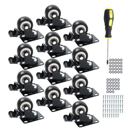 Findmall 12 Pack 2 Inch Polyurethane Swivel Caster Wheels with Total Lock Brake, Plate Mount, Heavy Duty Replacement Casters for Furniture, Carts, Workbenches & Cabinets