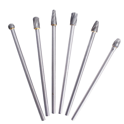 findmall 6Pcs Carbide Alloy Rotary Burr Set 6mm(1/4") Shank 10mm Head 150mm Length for DIY Woodworking Metal Carving Polishing Engraving Drilling