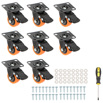 Findmall 8 Pack 2 Inch Swivel Caster Wheels with Total Lock Brake, Plate Mount, Polyurethane (PU) Casters for Furniture, Carts & Workbenches, Orange