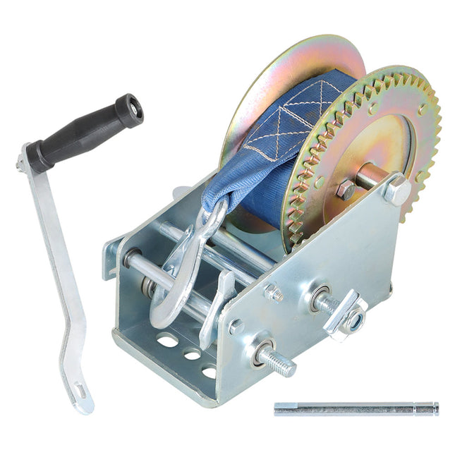 Findmall Heavy Duty Boat Trailer Hand Winch with Nylon Strap, Manual Crank Strap Winch with Hook, Two-Way Ratchet Gear Winch for Boat, Trailer & ATV