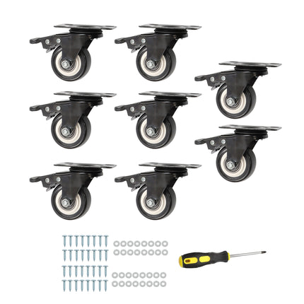Findmall 8 Pack 2 Inch Polyurethane Swivel Caster Wheels with Total Lock Brake, Plate Mount, Heavy Duty Replacement Casters for Furniture, Carts, Workbenches & Shelving