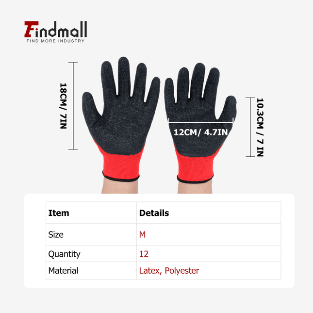 findmall 12 Pairs Crinkle Latex Coated Work Gloves – Durable Rubber Grip Safety Gloves for Construction, Warehouse, Gardening & Assembly