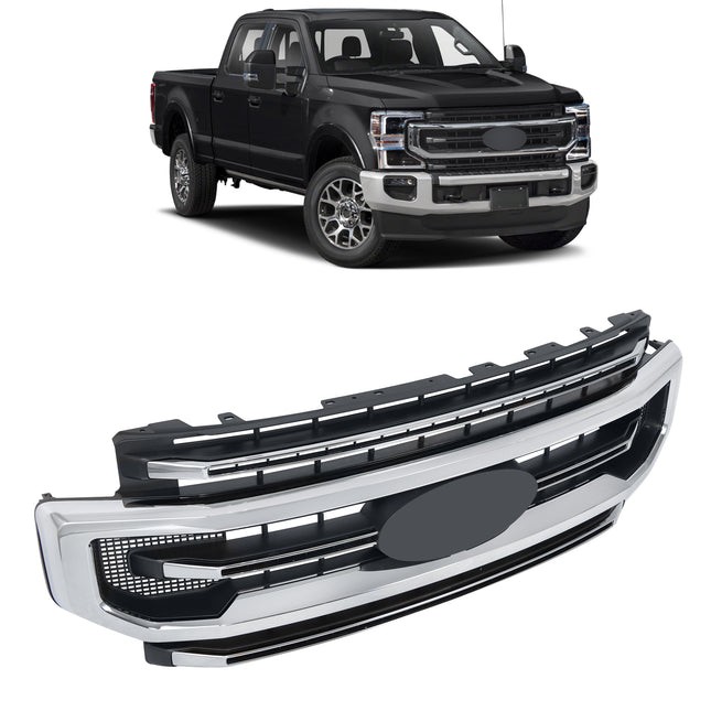 Findmall Chrome and Black Straight-Trim Front Upper Grille Replacement for F-250 F-350 F-450 and F-550 Super Duty 2020-2022
