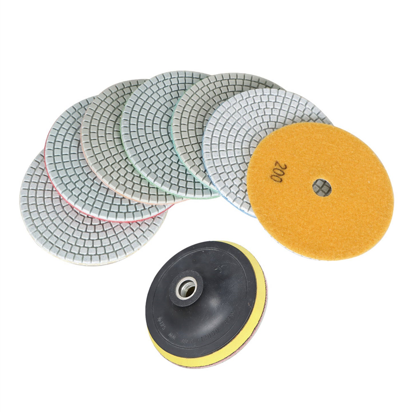 findmall 5 Inch Diamond Polishing Pads with 1Pcs 5 Inch Backer Pad, 8Pcs 50-3000 Grit Polishing Pad Kit Fit for Drill, Grinder, Polisher