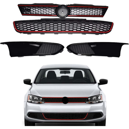 Findmall Front Upper and Lower Grille Set for 2011-2014 Jetta Mk6 Sedan, Black with Red Trim