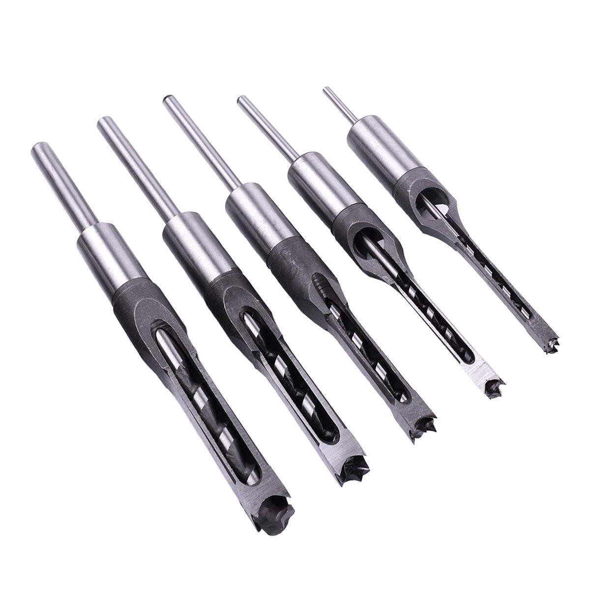 5Pcs Square Hole Drill Bit, Woodworking Hole Saw Mortising Chisel Drill Bit Tool Set 1/4, 5/16, 3/8, 2/5, 1/2 for Mortising Machines Drill Press Attachments