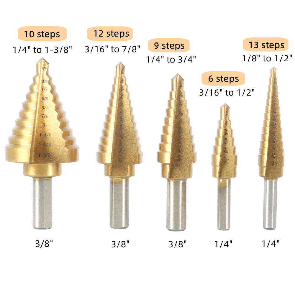 findmall 6Pc HSS Titanium Ladder Bits, with Automatic Center Punch, 5 High-speed Steel Drill Bits of 50 Specifications