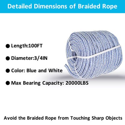 findmall 3/4 Inch 100 Feet 24 Strands Braided Rope Tree Felling Rope High Strength Polyester Rope for Swing Camping Bundling Blue White