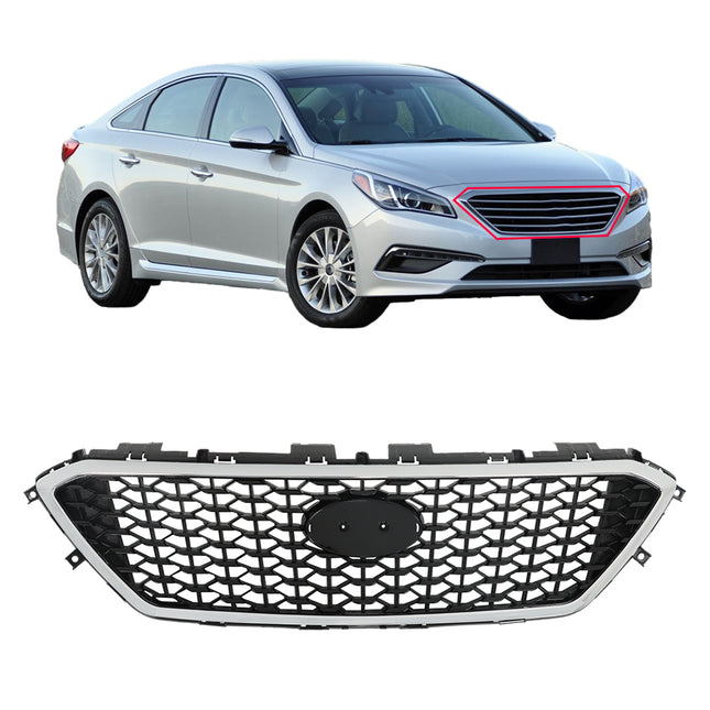 Findmall Chrome Honeycomb Front Upper Bumper Grille without Holes Replacement for Sonata 2015-2017
