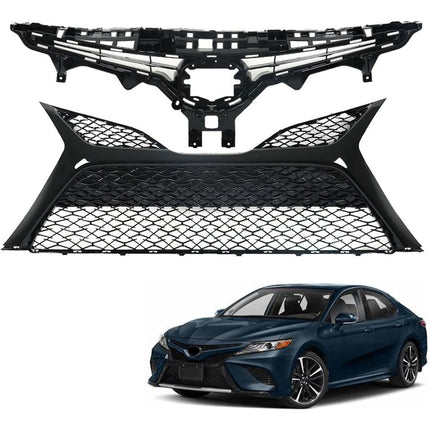 Findmall Front Upper and Lower Grille Set for 2018-2020 Toyota Camry SE XSE, Gloss Black, Without Sensor Holes
