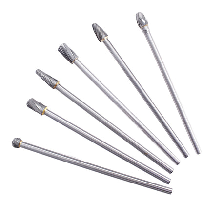 findmall 6Pcs Carbide Alloy Rotary Burr Set 6mm(1/4") Shank 10mm Head 150mm Length for DIY Woodworking Metal Carving Polishing Engraving Drilling