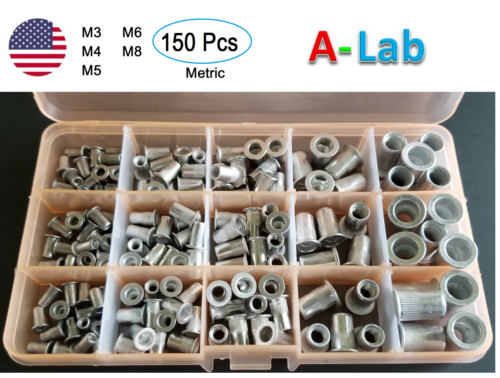 findmall 150Pcs Rivet Nuts Kit Metric Aluminum Flat Head Threaded Rivet Nut Insert Nutsert Rivet Nuts Assortment Kit M3 M4 M5 M6 M8