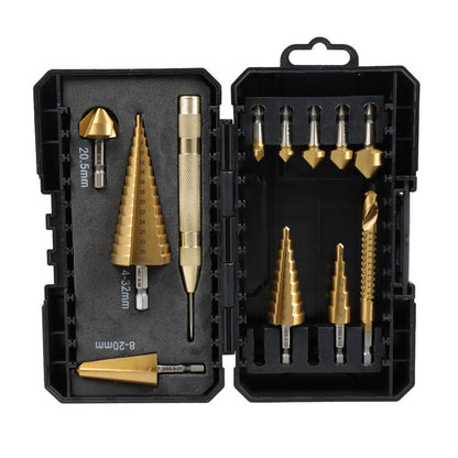 findmall 12Pcs Step Countersink & Cone Drill Bit Set 1/4 Inch Hex Shank Titanium HSS with Multi Drill Saw Automatic Center Punch in a Storage Box Fit for DIY Lovers (Metric)