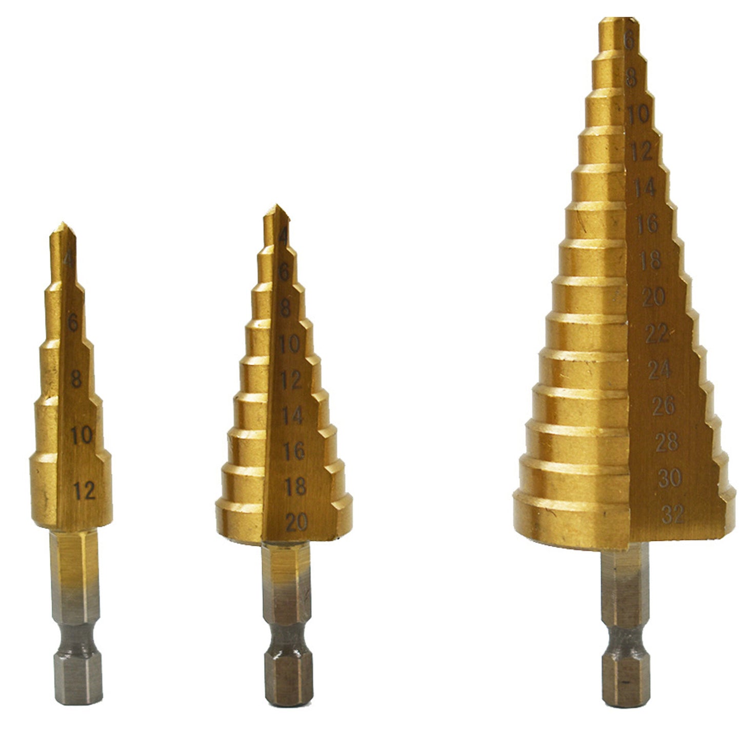 New 3Pcs HSS High Speed Steel Step Cone Drill Titanium Steel Metal Hole Cutter Bit Set with 1/4" 4-12/20/32MM