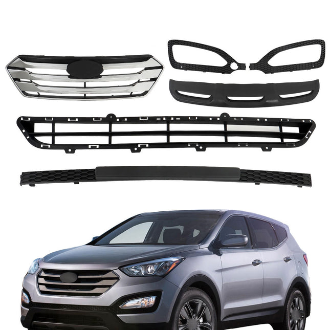 Findmall 5-Piece Black and Chrome Front Upper and Lower Grille and Fog Light Bezel Set Replacement for Santa Fe Sport 2013-2016