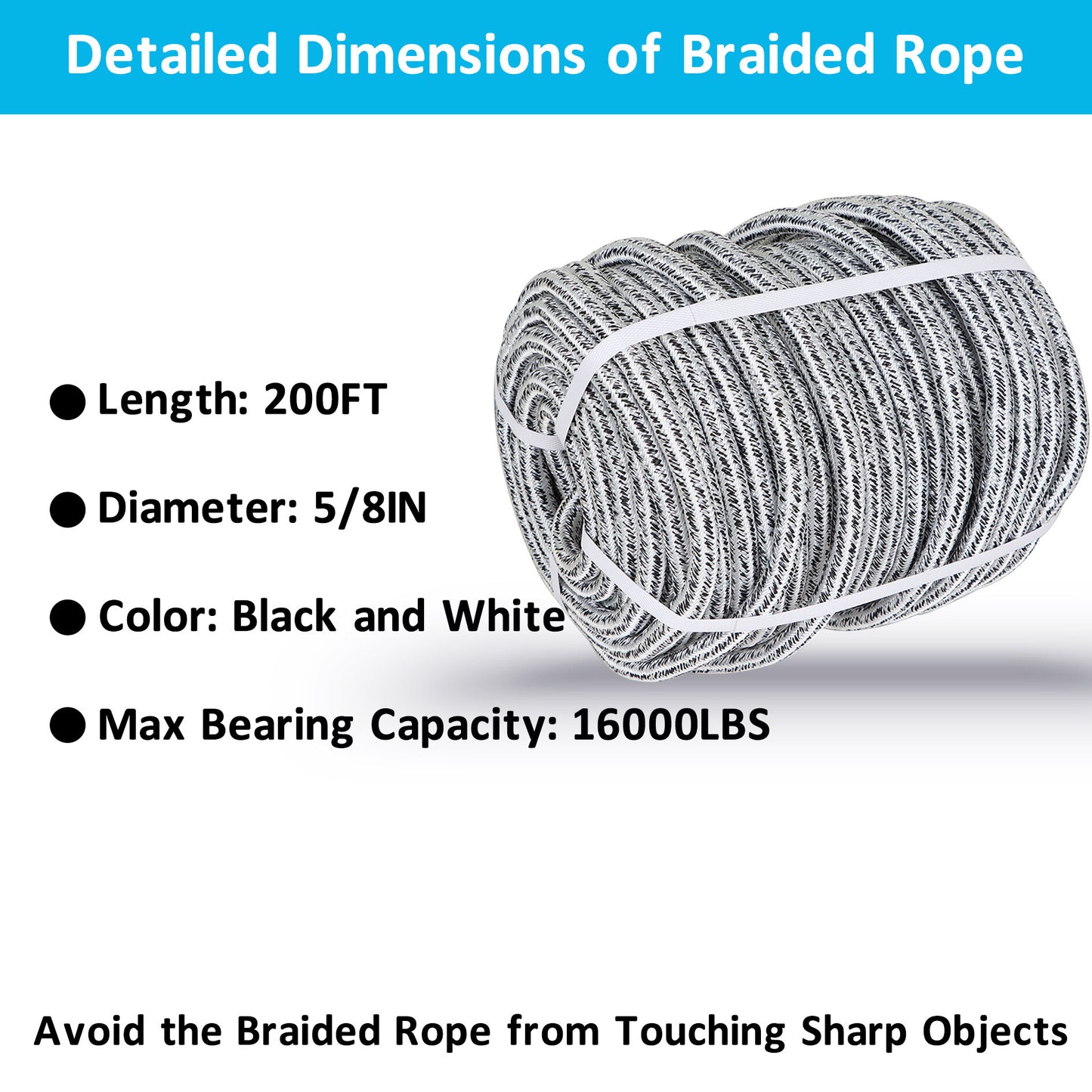 findmall 5/8 Inch 200 Feet 24 Strands Braided Rope Tree Felling Rope High Strength Polyester Rope for Swing Camping Bundling Black White