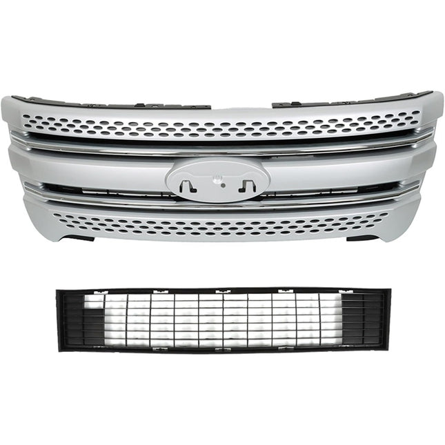 Findmall Chrome Silver Front Upper Grille Insert Overlay Trim Cover Replacement for Explorer 2011-2015