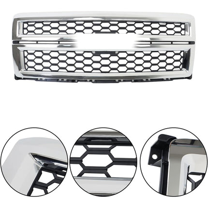 Findmall Black Honeycomb Front Upper Grille with Chrome Surround Replacement for Silverado 1500 2014-2015