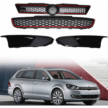 Findmall Front Upper and Lower Grille Set for 2011-2014 Jetta Mk6 Sedan, Black with Red Trim