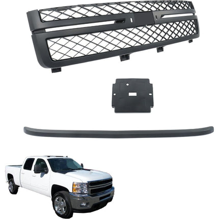 Findmall 2-Piece Matte Black Front Bumper Grille and Hood Molding Trim Kit Replacement for Silverado 2500HD and 3500HD 2011-2014 20966058 20963700