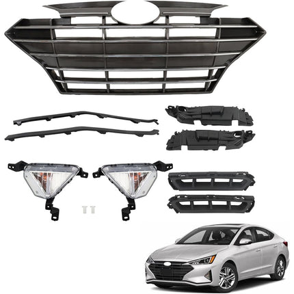 Findmall 9-Piece Front Grille and Trim Kit for 2019-2020 Hyundai Elantra Sedan, Black and Chrome