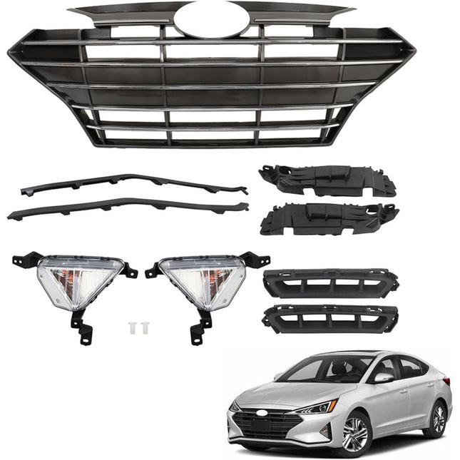 Findmall 9-Piece Front Grille and Trim Kit for 2019-2020 Hyundai Elantra Sedan, Black and Chrome