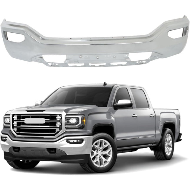 Findmall Chrome Steel Front Bumper Face Bar without Parking Sensor Holes Replacement for 2016-2018 GMC Sierra 1500, 23243501, GM1002867