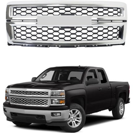 Findmall Black Honeycomb Front Upper Grille with Chrome Surround Replacement for Silverado 1500 2014-2015