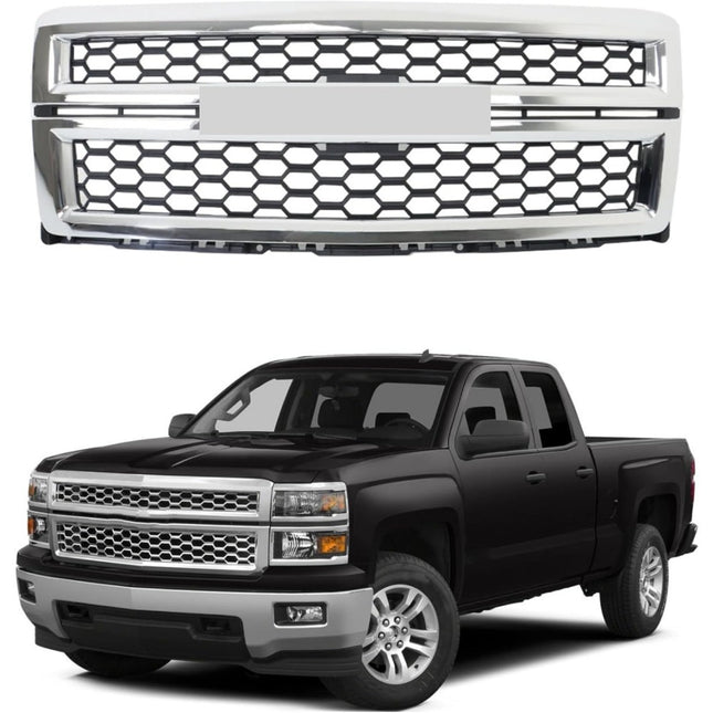 Findmall Black Honeycomb Front Upper Grille with Chrome Surround Replacement for Silverado 1500 2014-2015